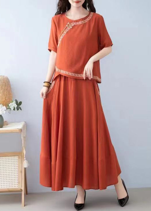 New Orange O Neck Pockets Linen Two-Piece Set Summer RE032 MZF-TPIEC240807