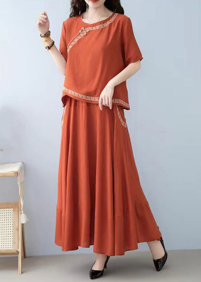 New Orange O Neck Pockets Linen Two-Piece Set Summer RE032 MZF-TPIEC240807