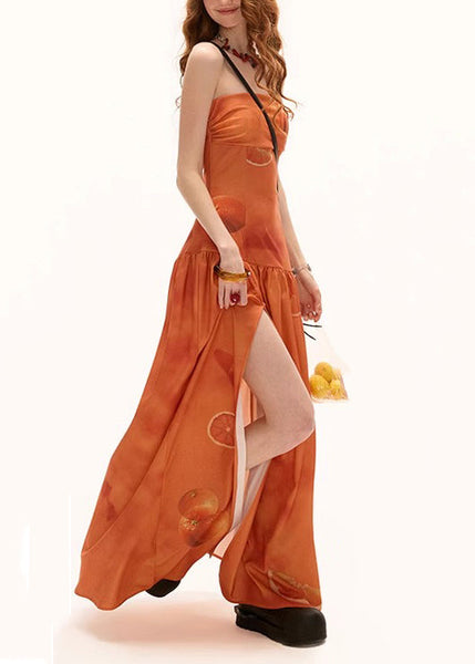Side Open Maxi Orange Print Cotton Dresses New Wrinkled FashionChic