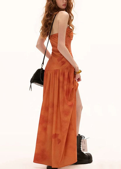 Side Open Maxi Orange Print Cotton Dresses New Wrinkled FashionChic