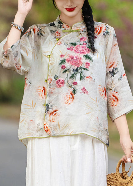 Orange Print Collar Stand Shirts New Fall Linen FashionChic