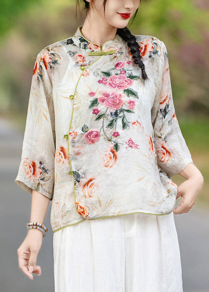 Orange Print Collar Stand Shirts New Fall Linen FashionChic