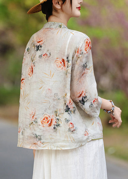 Orange Print Collar Stand Shirts New Fall Linen FashionChic