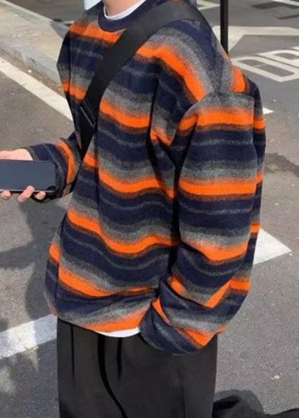 Striped New Shirts T Cotton Spring Men O-Neck Orange FashionChic