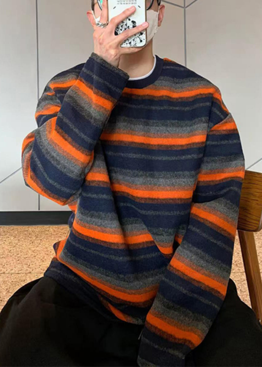 Striped New Shirts T Cotton Spring Men O-Neck Orange FashionChic