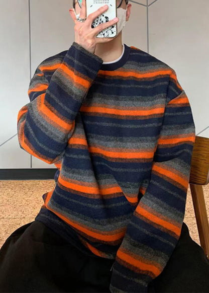 Striped New Shirts T Cotton Spring Men O-Neck Orange FashionChic