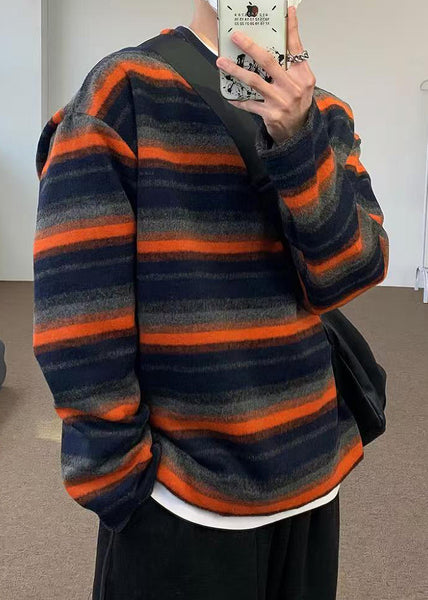 Striped New Shirts T Cotton Spring Men O-Neck Orange FashionChic