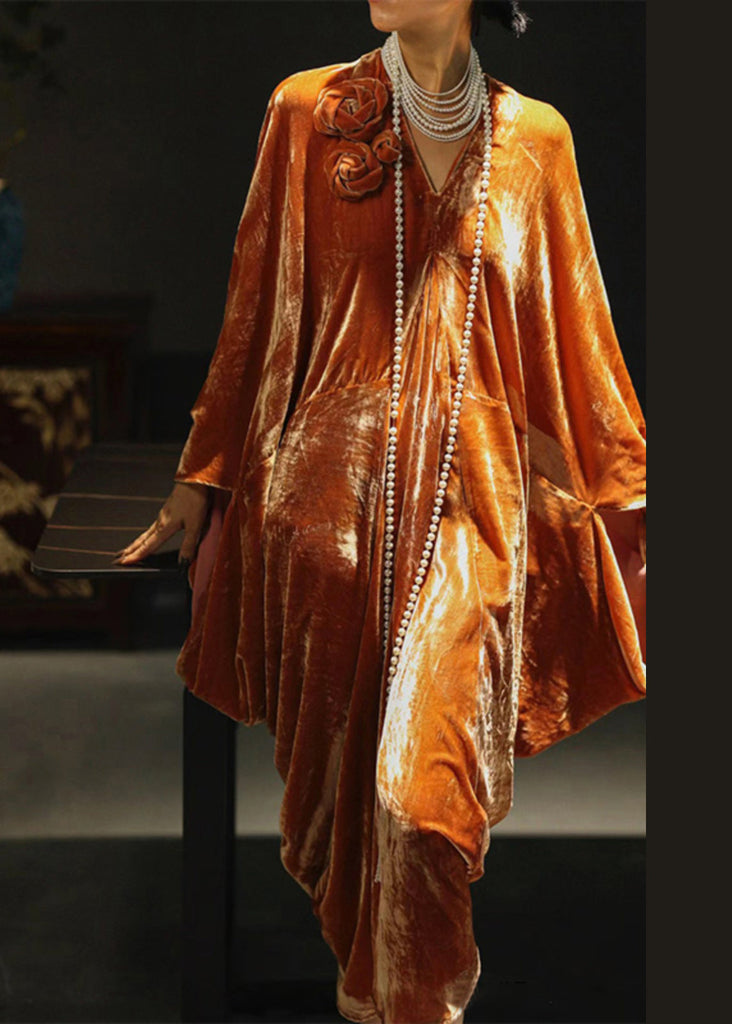 New Orange V Neck Solid Silk Velvet Dress Spring QA1022 Ada Fashion