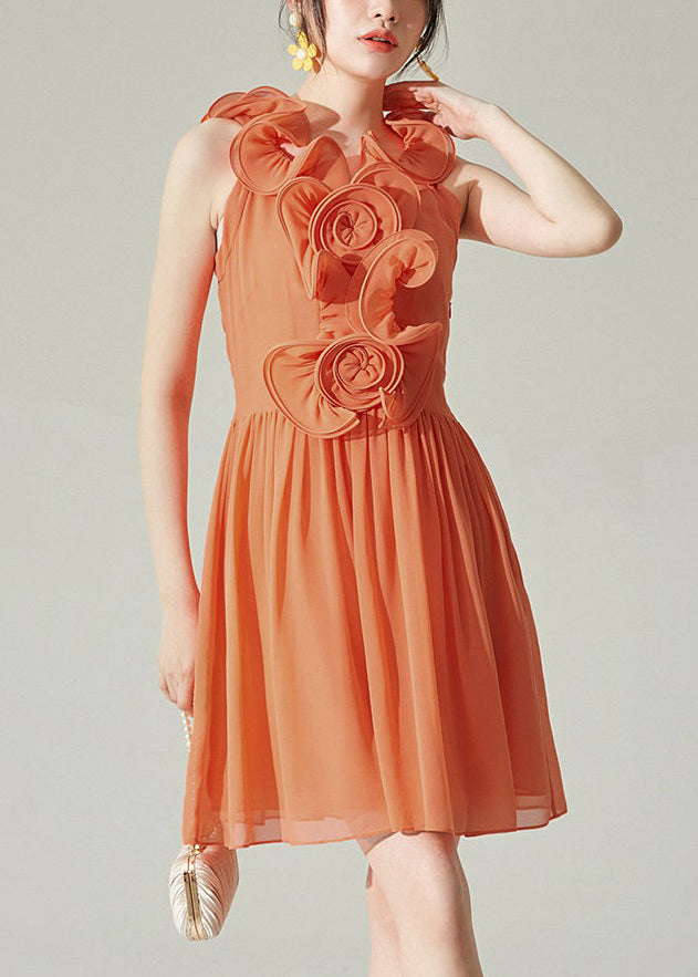 New Orange Wrinkled Solid Chiffon Mid Dress Sleeveless XX008 SH-LF-SDM240611