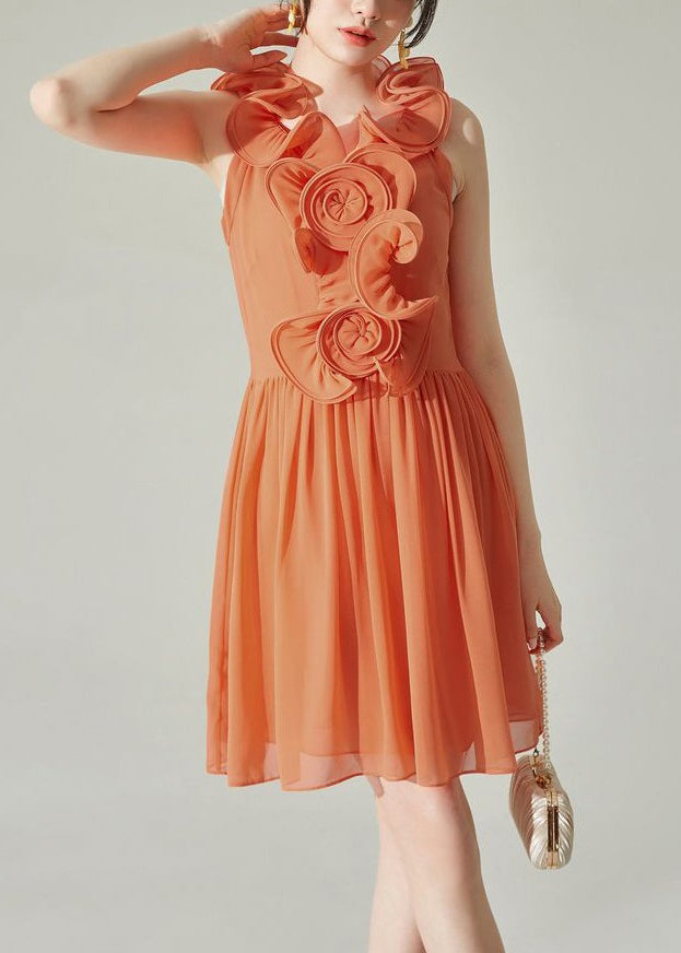 New Orange Wrinkled Solid Chiffon Mid Dress Sleeveless XX008 SH-LF-SDM240611