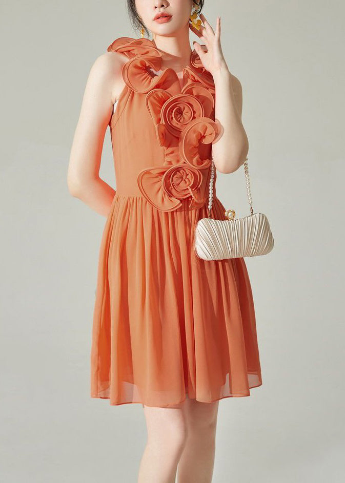 New Orange Wrinkled Solid Chiffon Mid Dress Sleeveless XX008 SH-LF-SDM240611