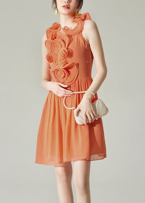 New Orange Wrinkled Solid Chiffon Mid Dress Sleeveless XX008 SH-LF-SDM240611