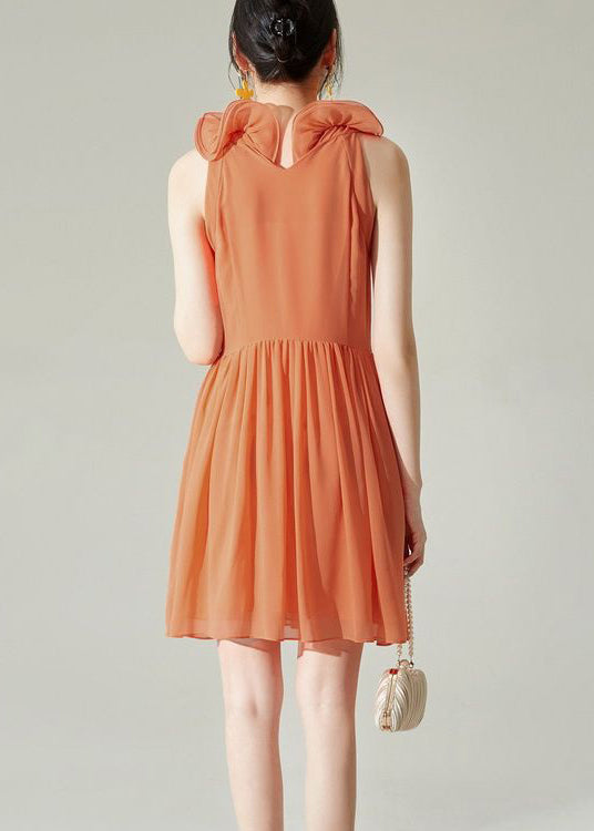 New Orange Wrinkled Solid Chiffon Mid Dress Sleeveless XX008 SH-LF-SDM240611