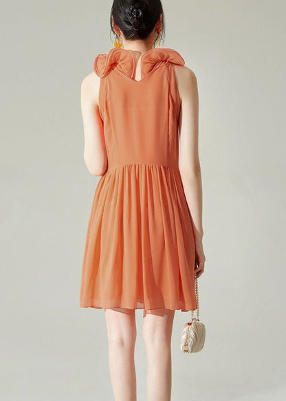 New Orange Wrinkled Solid Chiffon Mid Dress Sleeveless XX008 SH-LF-SDM240611