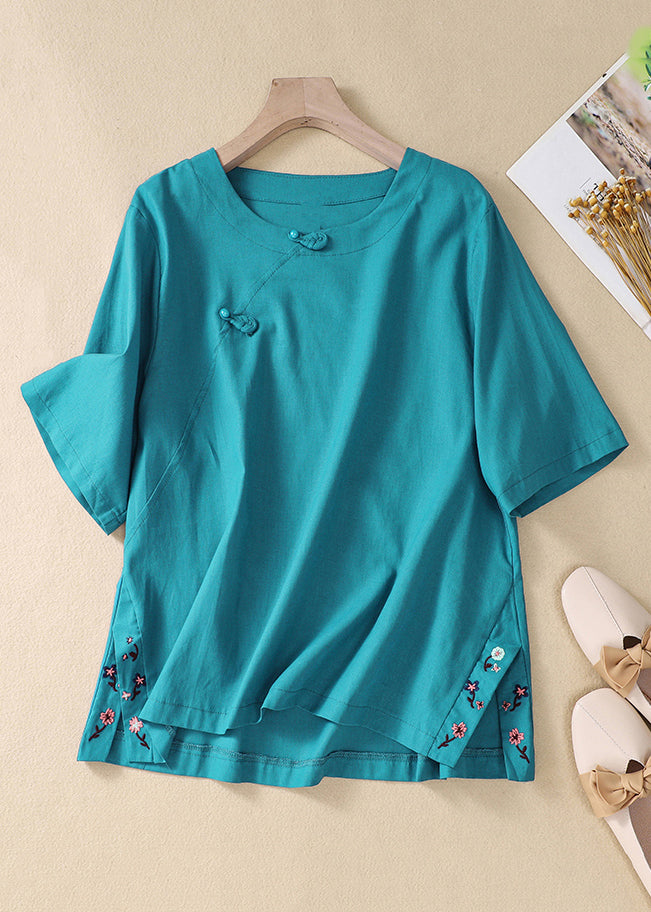 New Peacock Blue Embroidered Side Open Cotton T Shirt Summer GG023 MZF-STP240610