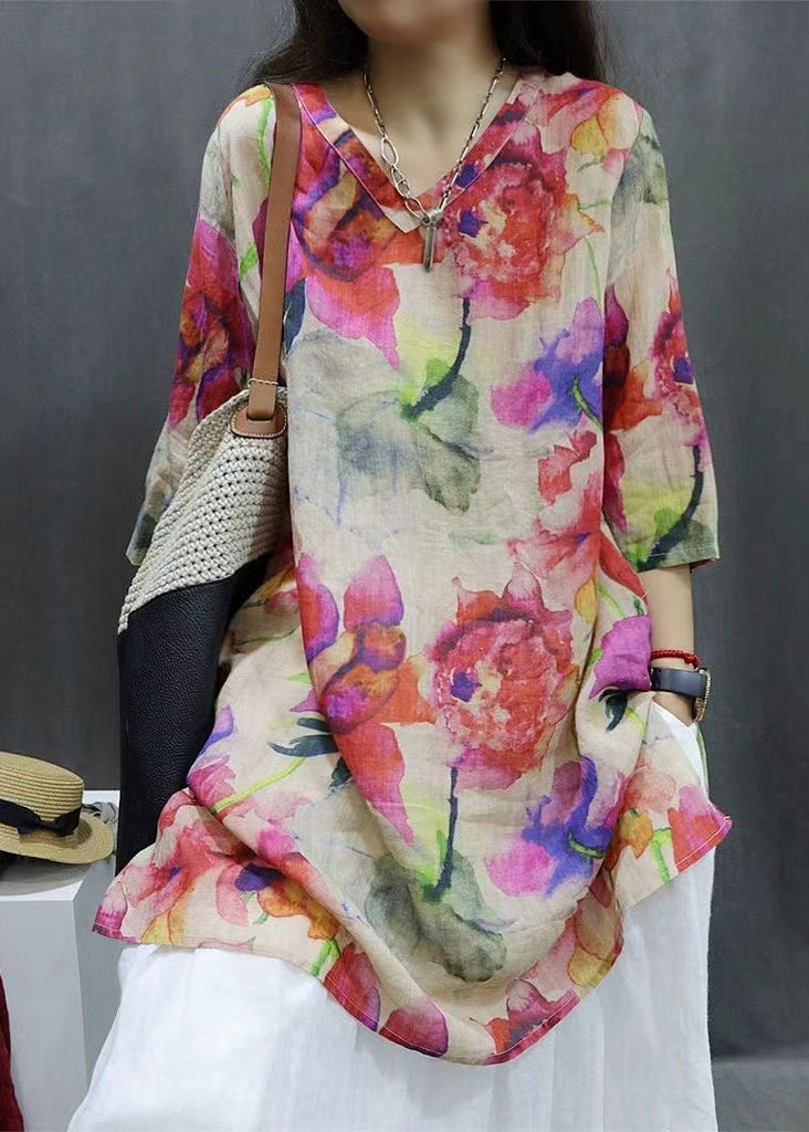 New Photo Color V Neck Print Linen Blouse Half Sleeve GG065 MZF-HTP240610