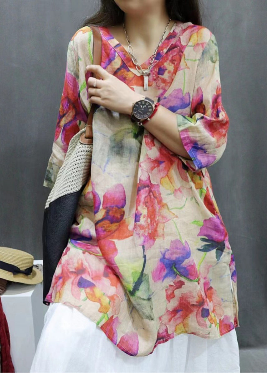 New Photo Color V Neck Print Linen Blouse Half Sleeve GG065 MZF-HTP240610