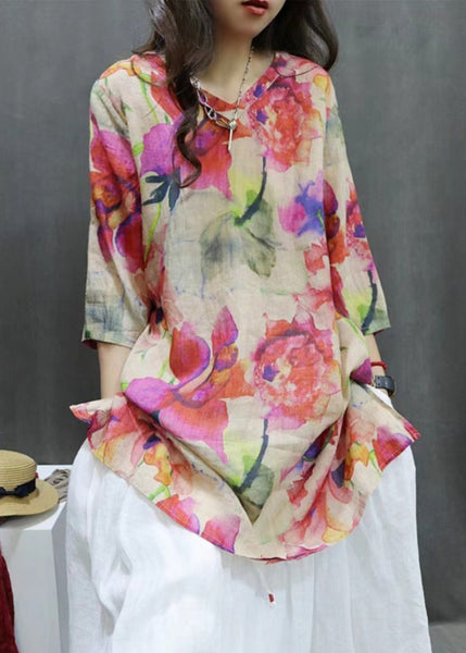 New Photo Color V Neck Print Linen Blouse Half Sleeve GG065 MZF-HTP240610