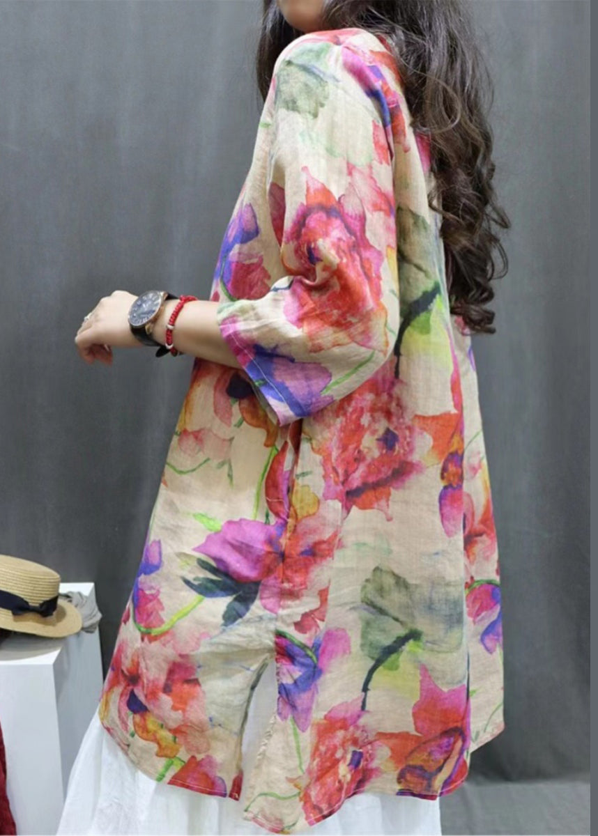New Photo Color V Neck Print Linen Blouse Half Sleeve GG065 MZF-HTP240610
