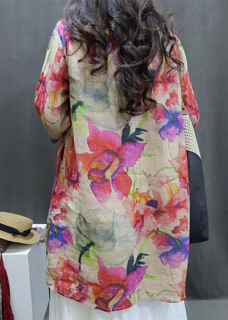 New Photo Color V Neck Print Linen Blouse Half Sleeve GG065 MZF-HTP240610