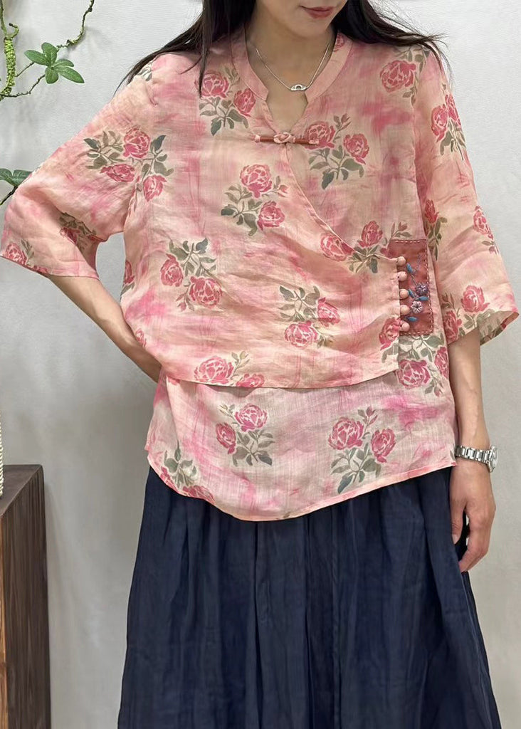 New Pink Asymmetrical Button Print Linen Shirt Half Sleeve JH004 MMDM-HTP240717