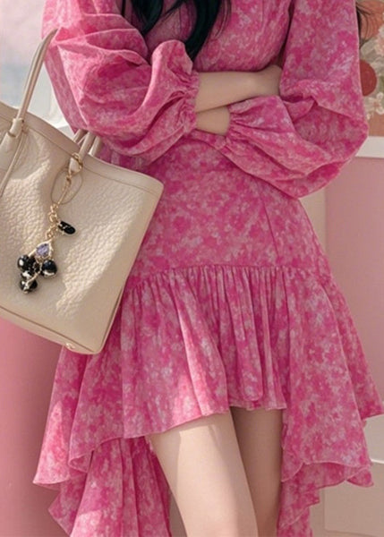 Pink Spring Print Cotton New Dress Asymmetrical Mid FashionChic