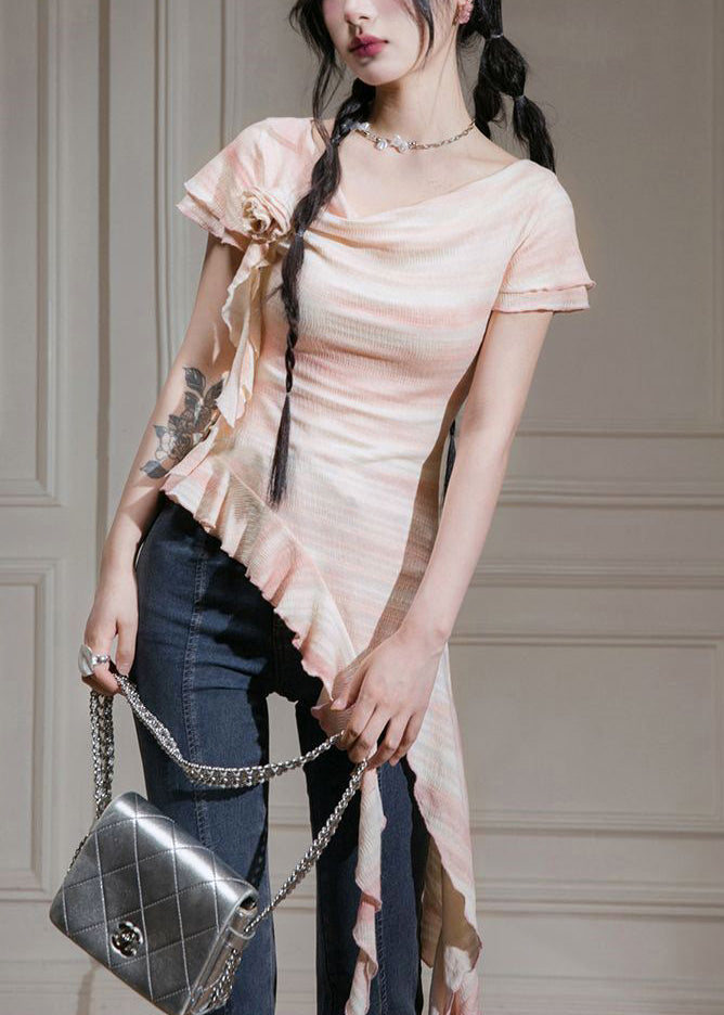 New Pink Asymmetrical Ruffled Cotton T Shirts Summer KK065 SH-LF-STP240602