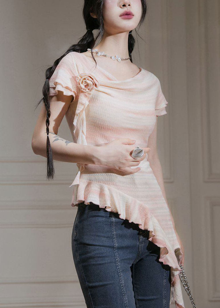 New Pink Asymmetrical Ruffled Cotton T Shirts Summer KK065 SH-LF-STP240602
