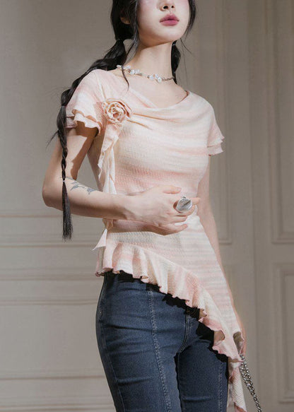 New Pink Asymmetrical Ruffled Cotton T Shirts Summer KK065 SH-LF-STP240602