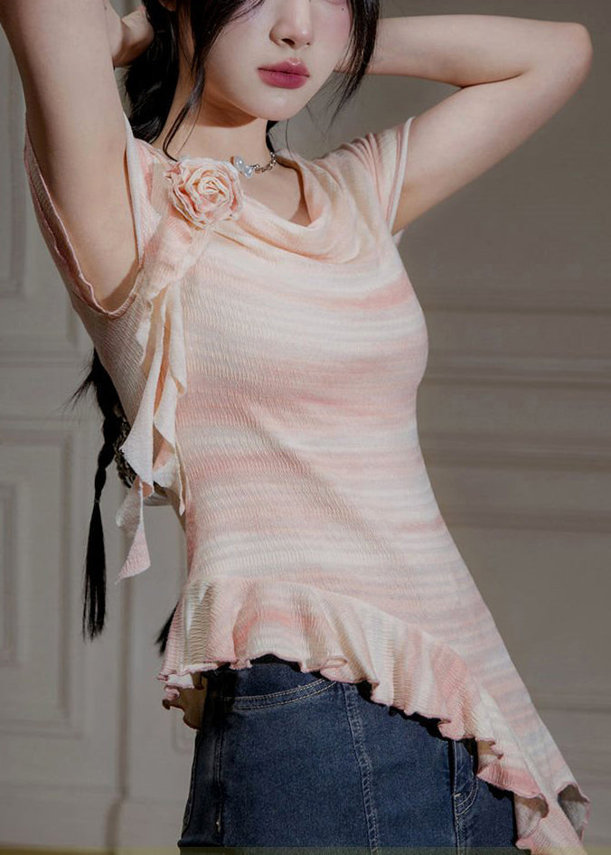 New Pink Asymmetrical Ruffled Cotton T Shirts Summer KK065 SH-LF-STP240602