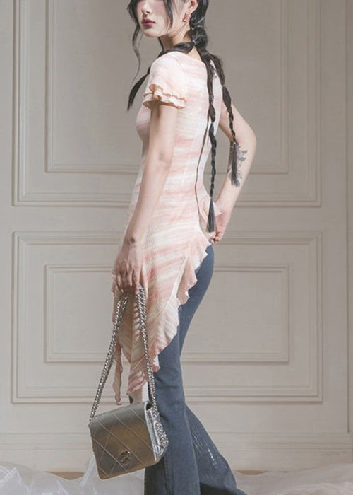 New Pink Asymmetrical Ruffled Cotton T Shirts Summer KK065 SH-LF-STP240602