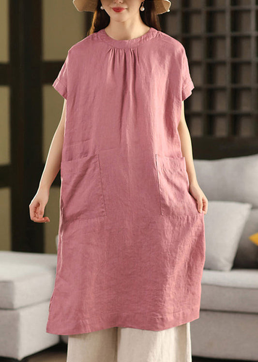 Open Pink Dress Linen Pockets Summer New Button Side FashionChic