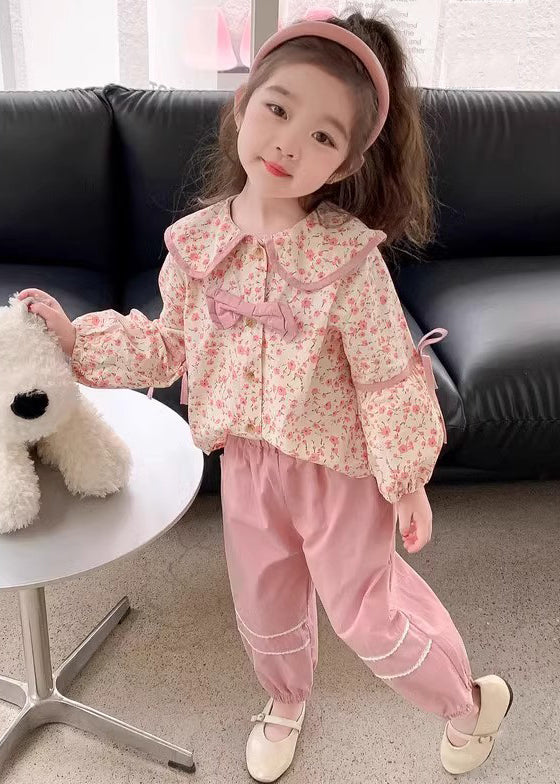 New Pink Button Print Cotton Girls Two Pieces Set Long Sleeve YU1050 WS-RCTZ-TPGIEC240529