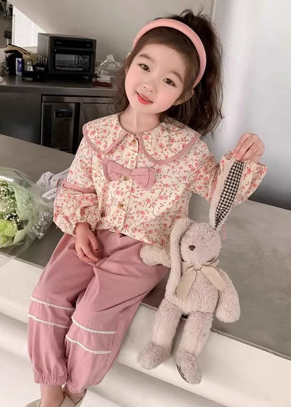 New Pink Button Print Cotton Girls Two Pieces Set Long Sleeve YU1050 WS-RCTZ-TPGIEC240529