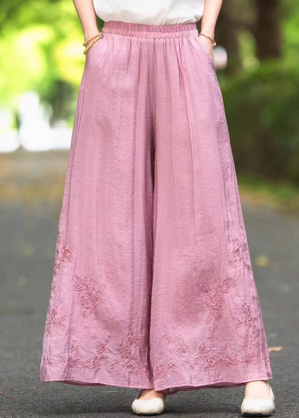 Elastic Silk Summer Pants Embroidered Waist Leg Wide Pink New FashionChic