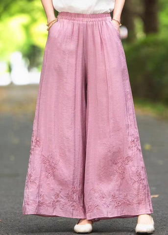 Elastic Silk Summer Pants Embroidered Waist Leg Wide Pink New FashionChic