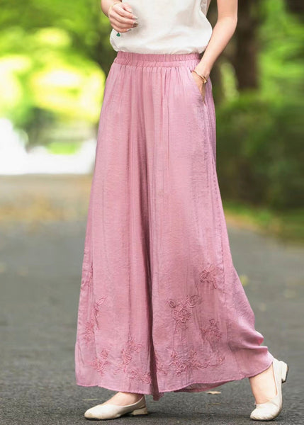 Elastic Silk Summer Pants Embroidered Waist Leg Wide Pink New FashionChic