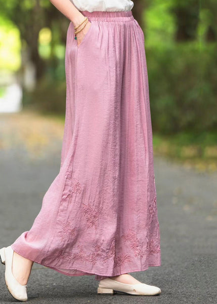 Elastic Silk Summer Pants Embroidered Waist Leg Wide Pink New FashionChic
