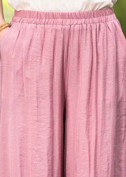 Elastic Silk Summer Pants Embroidered Waist Leg Wide Pink New FashionChic