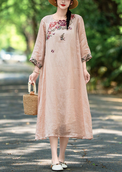 Side New Open Pink Dress Long Linen Fall Embroidered FashionChic