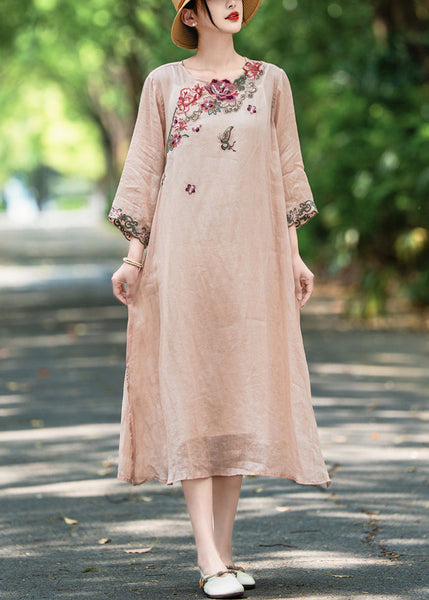 Side New Open Pink Dress Long Linen Fall Embroidered FashionChic