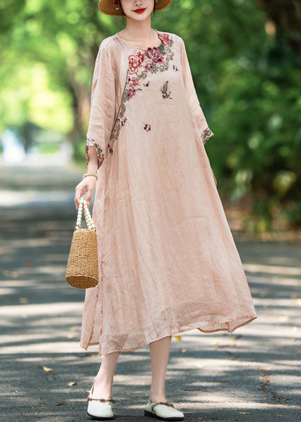 Side New Open Pink Dress Long Linen Fall Embroidered FashionChic