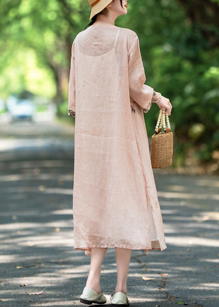 Side New Open Pink Dress Long Linen Fall Embroidered FashionChic