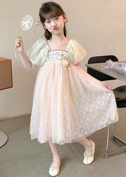 New Pink Embroideried Print Patchwork Tulle Girls Dress Summer TT031 WS-JRTZSDGL240817