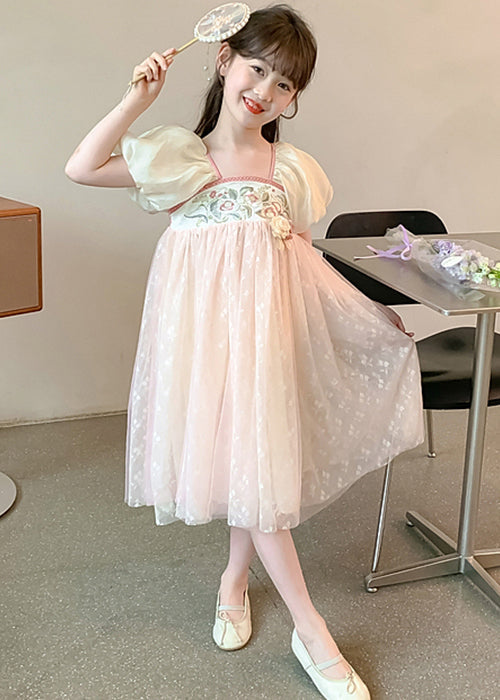 New Pink Embroideried Print Patchwork Tulle Girls Dress Summer TT031 WS-JRTZSDGL240817
