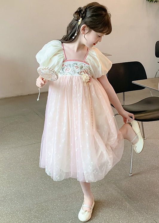 New Pink Embroideried Print Patchwork Tulle Girls Dress Summer TT031 WS-JRTZSDGL240817