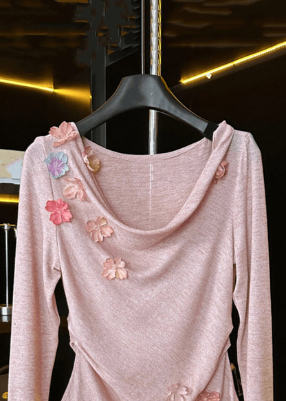 New Pink Floral Solid Cotton T Shirt Fall RK024 ABC