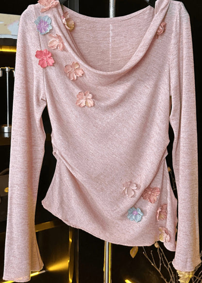 New Pink Floral Solid Cotton T Shirt Fall RK024 ABC