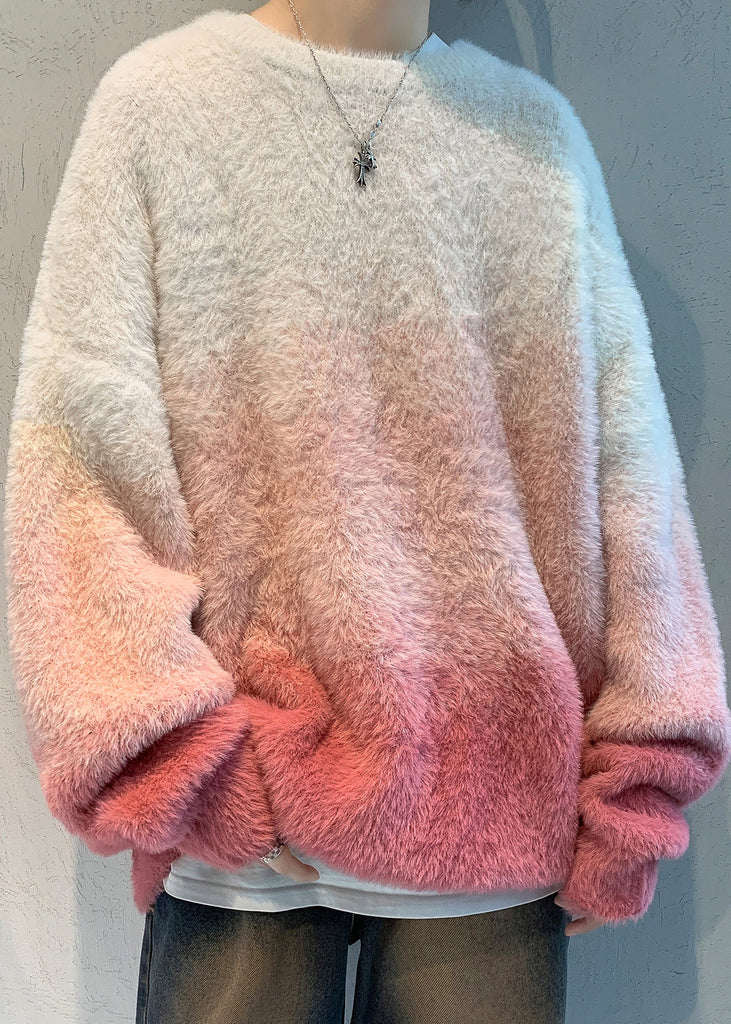 New Pink Gradient Color Thick Mink Hair Knitted Mens Sweaters Fal QH040 MENSW241019