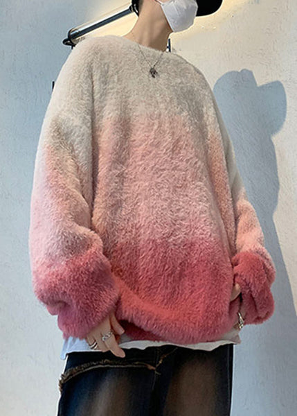 New Pink Gradient Color Thick Mink Hair Knitted Mens Sweaters Fal QH040 MENSW241019